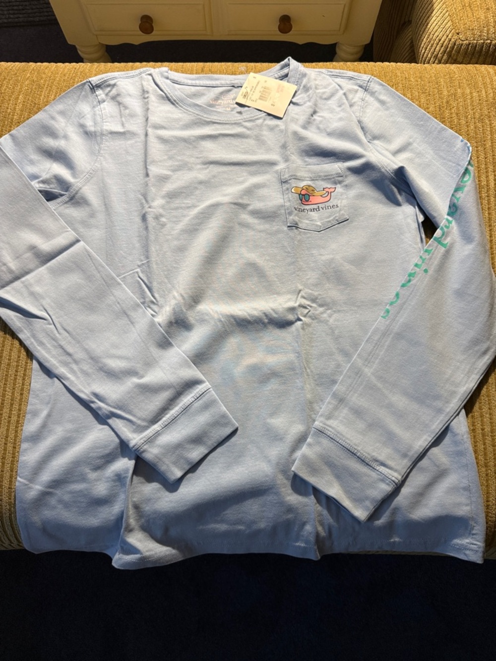 Vineyard Vines Pale Blue Long Sleeve Pocket Tee with Sunglass Whale